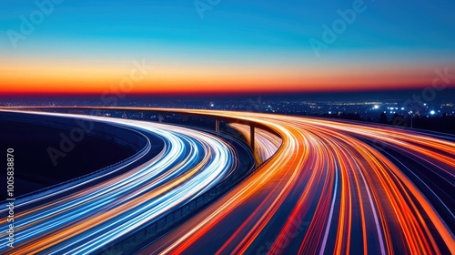 A beautiful twilight scene showing dynamic light trails on a highway, showcasing the transition from day to night.