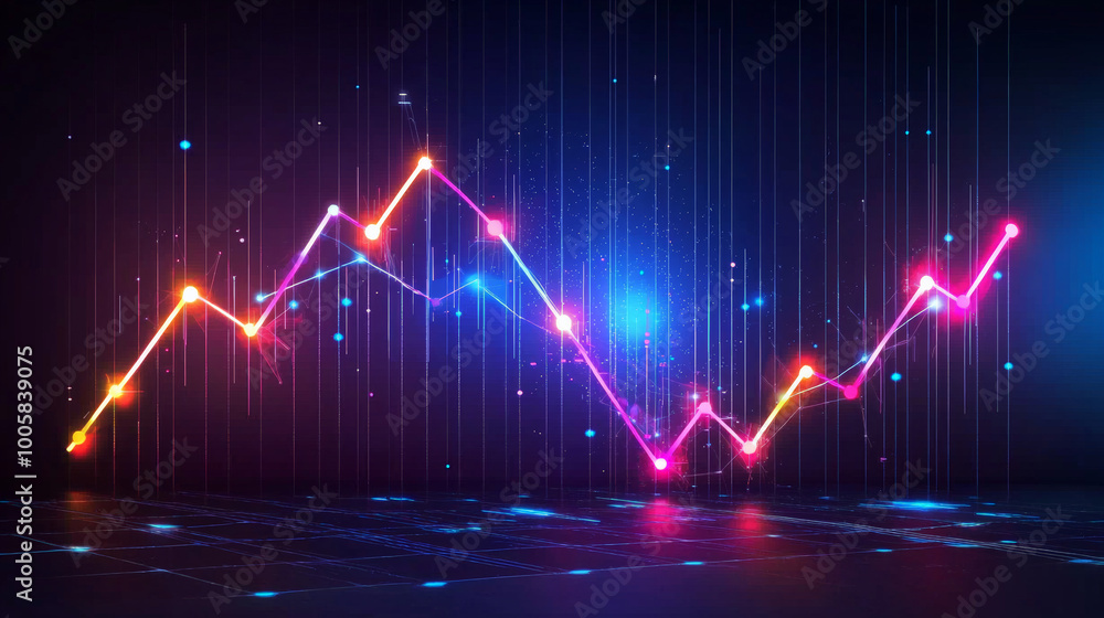 Predictive data analysis, glowing trend lines and graphs, 3D illustration., copy space for text Predictive data analysis, glowing trend lines and graphs, 3D illustration., copy space for text
