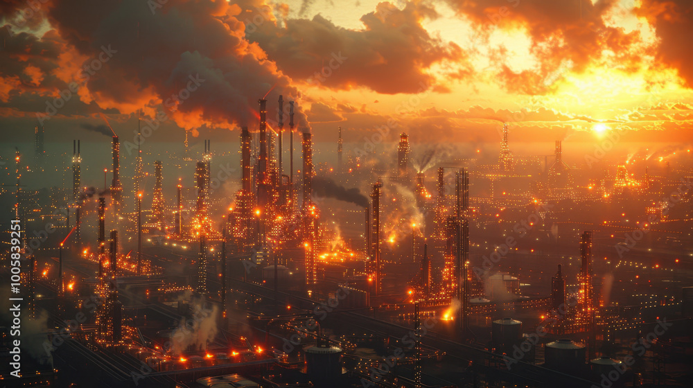 stunning industrial landscape at sunset, showcasing sprawling oil refinery with towering smokestacks and vibrant flames against dramatic sky. scene evokes sense of both awe and concern for stunning industrial landscape at sunset, showcasing sprawling oil refinery with towering smokestacks and vibrant flames against dramatic sky. scene evokes sense of both awe and concern for