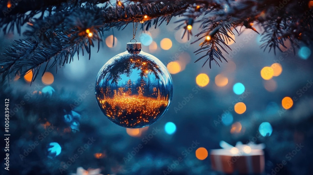 Shimmering bauble reflecting a lit Christmas tree, hanging from a fir branch. Gift boxes are placed below, with blue abstract lights glowing in the night sky. Shimmering bauble reflecting a lit Christmas tree, hanging from a fir branch. Gift boxes are placed below, with blue abstract lights glowing in the night sky.