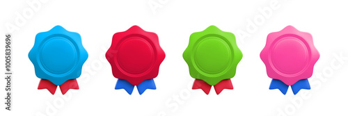 Vector cartoon 3d empty color medal with ribbons realistic icon set. Trendy round wavy award, colorful winner badge. 3d render color metallic quality warranty certificate badge for web, app, design.