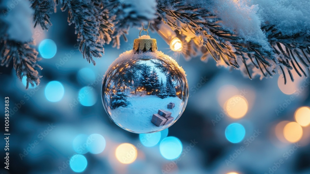 Shiny bauble reflecting a Christmas tree, hanging from a snow-covered fir branch. Gift boxes and blue abstract night lights create a cozy holiday scene. Shiny bauble reflecting a Christmas tree, hanging from a snow-covered fir branch. Gift boxes and blue abstract night lights create a cozy holiday scene.