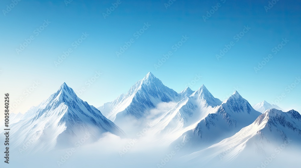 A breathtaking mountain landscape under a clear blue sky, with majestic peaks rising above a sea of soft clouds. A breathtaking mountain landscape under a clear blue sky, with majestic peaks rising above a sea of soft clouds.