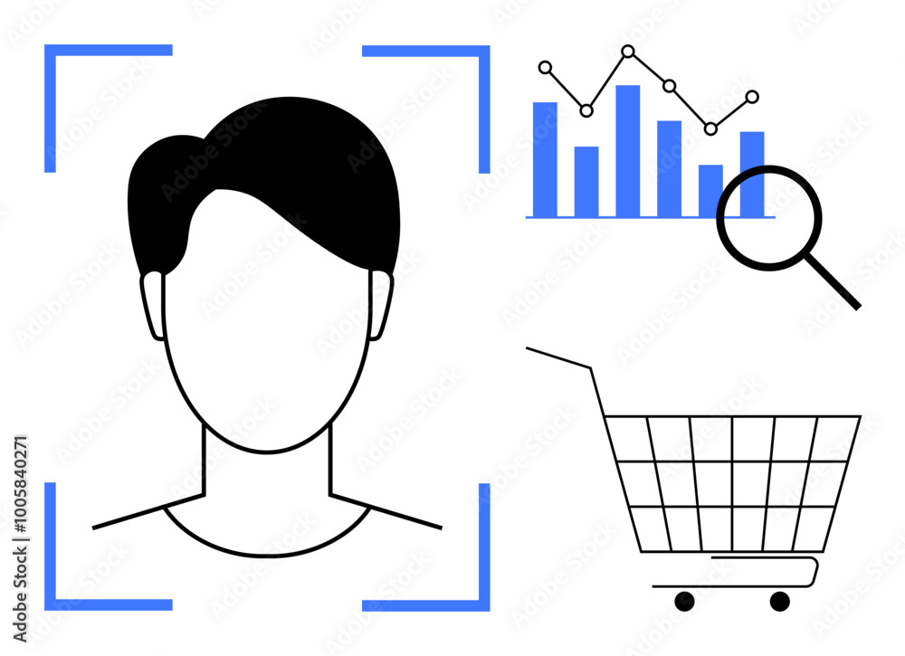 Silhouette of a person with data analysis elements like magnifying glass, bar graph, and shopping cart. Ideal for market research, e-commerce, data analytics, consumer behavior, and digital marketing Silhouette of a person with data analysis elements like magnifying glass, bar graph, and shopping cart. Ideal for market research, e-commerce, data analytics, consumer behavior, and digital marketing