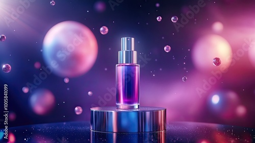 A captivating beauty product showcasing a vibrant perfume bottle against a cosmic backdrop, perfect for cosmetic imagery.