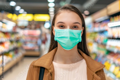 A young woman wearing a protective face mask, shopping in a grocery store, highlighting safety and precaution in public places during health crises.