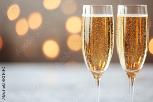 Two champagne glasses with sparkling bubbles on a shimmering surface, perfect for celebration or New Year's Eve.