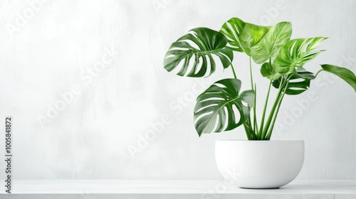 Wallpaper Mural Simple, modern setting with Monstera deliciosa in a white planter on a white backdrop. The vibrant green leaves stand out, bringing a touch of nature indoors. Torontodigital.ca