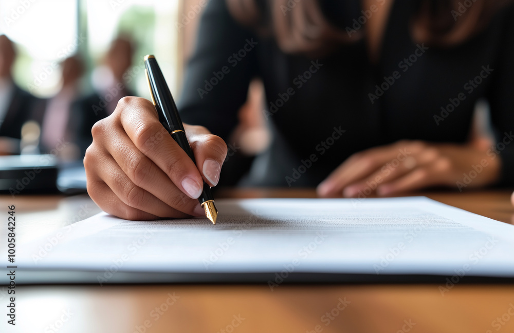 a lawyer's hand holding a pen and writing on a paper document at a desk ,concept of law a lawyer's hand holding a pen and writing on a paper document at a desk ,concept of law