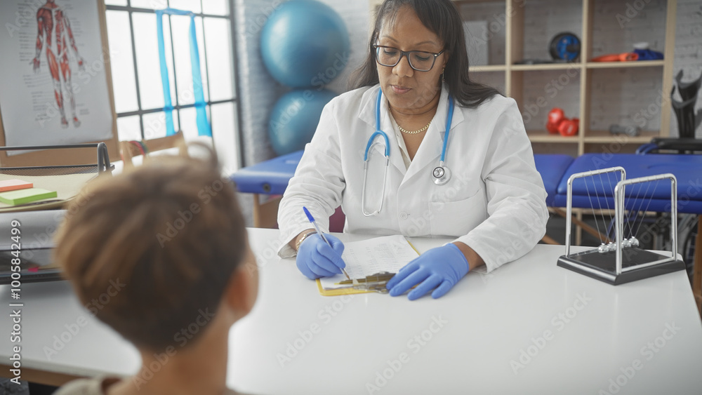 Fototapeta premium A woman doctor consults a boy patient in a clean, modern physiotherapy clinic room with rehabilitation equipment.