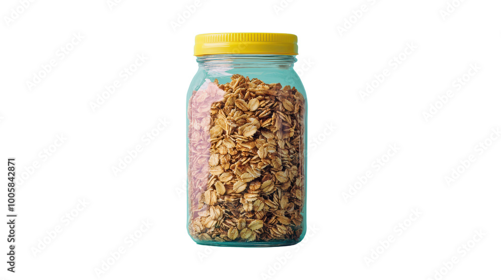 Granola in a jar with yellow lid, isolated on white background. Granola in a jar with yellow lid, isolated on white background.