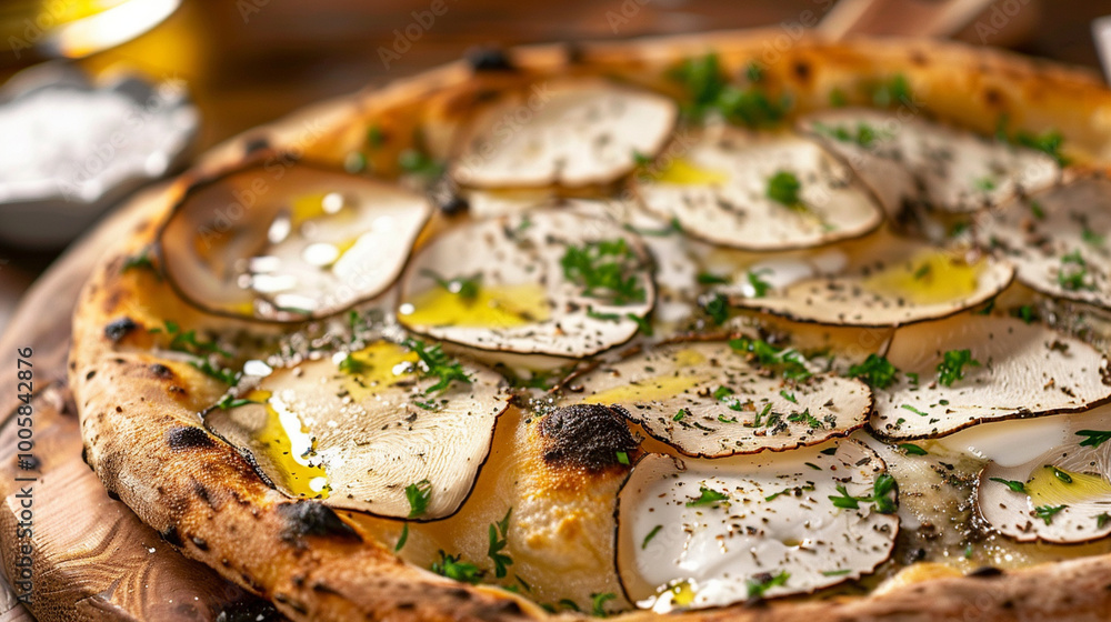 A close-up of a luxurious truffle pizza, with thin slices of truffle, creamy mozzarella, and drizzled olive oil on a crispy crust. A close-up of a luxurious truffle pizza, with thin slices of truffle, creamy mozzarella, and drizzled olive oil on a crispy crust.