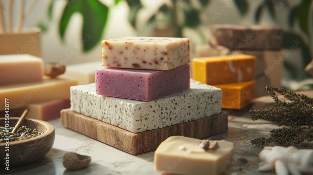 Natural Handmade Soap Bars on Wooden Tray. Natural Handmade Soap Bars on Wooden Tray.