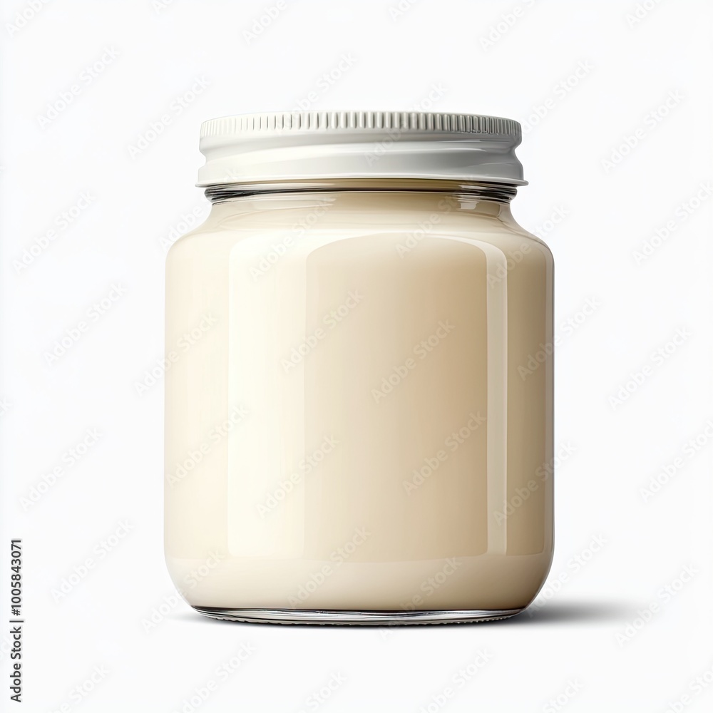 A clean, simple jar filled with creamy substance, perfect for showcasing various food products or ingredients in a minimalist style. A clean, simple jar filled with creamy substance, perfect for showcasing various food products or ingredients in a minimalist style.