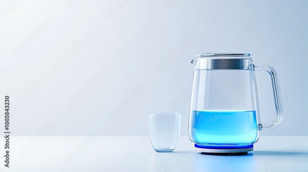 A clear glass jug filled with blue water beside an empty glass cup on a minimalist table with a light background. A clear glass jug filled with blue water beside an empty glass cup on a minimalist table with a light background.