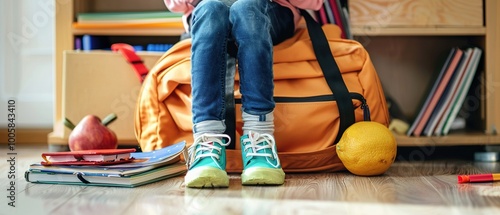 A child packing their school bag with books and lunch 