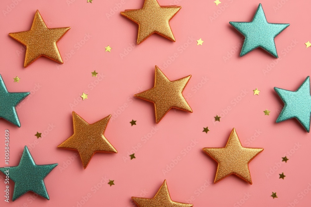 Sparkling gold and teal stars on a pink background with scattered glitter, creating a festive and playful scene. Sparkling gold and teal stars on a pink background with scattered glitter, creating a festive and playful scene.