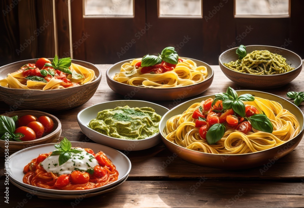 vibrant plates displaying authentic italian pasta dishes featuring fresh colorful exquisite presentation, cuisine, sauce, ingredient, dinner, meal, recipe vibrant plates displaying authentic italian pasta dishes featuring fresh colorful exquisite presentation, cuisine, sauce, ingredient, dinner, meal, recipe