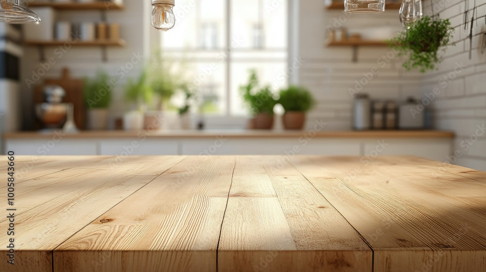 Smooth wood surface with a clean, bright kitchen interior blurred in the distance. Bokeh effect adds depth, perfect for showcasing kitchen products or recipes. Smooth wood surface with a clean, bright kitchen interior blurred in the distance. Bokeh effect adds depth, perfect for showcasing kitchen products or recipes.