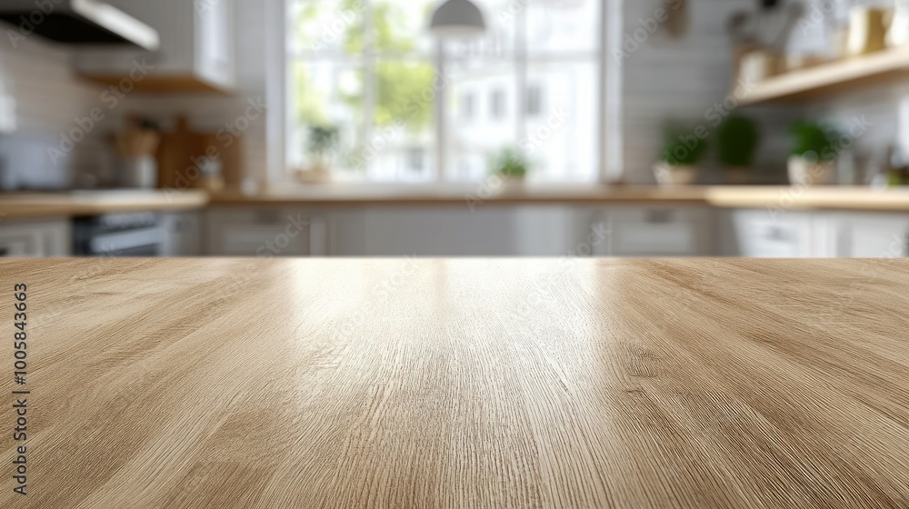 Smooth wood surface with a clean, bright kitchen interior blurred in the distance. Bokeh effect adds depth, perfect for showcasing kitchen products or recipes. Smooth wood surface with a clean, bright kitchen interior blurred in the distance. Bokeh effect adds depth, perfect for showcasing kitchen products or recipes.