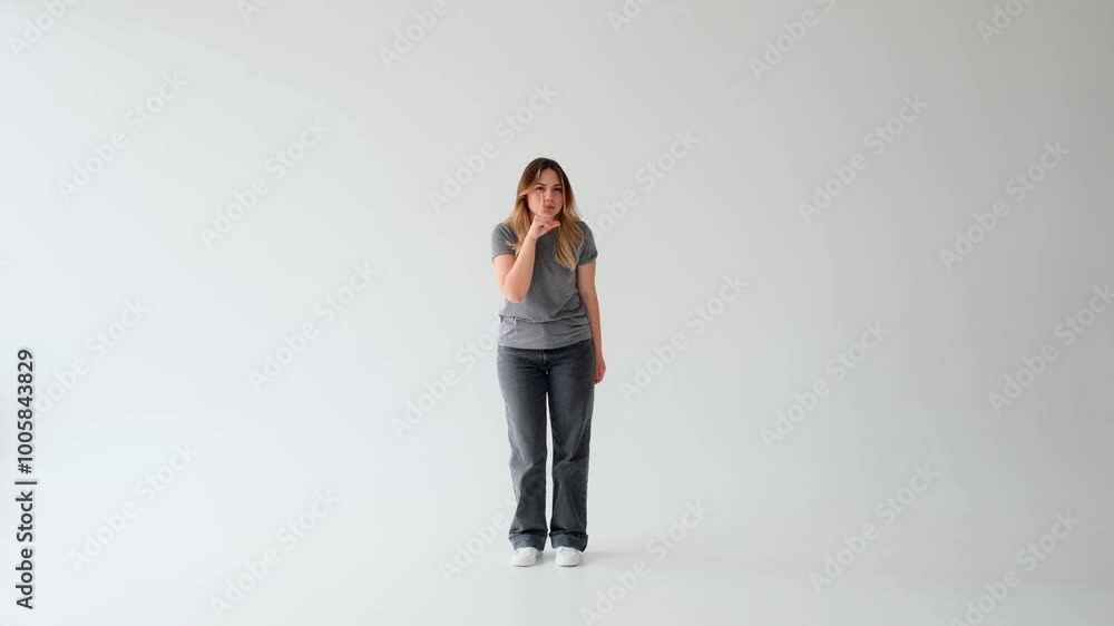 Serious and stern Caucasian young adult woman showing hush gesture and waving head to keeping private information on white background. Serious and stern Caucasian young adult woman showing hush gesture and waving head to keeping private information on white background.