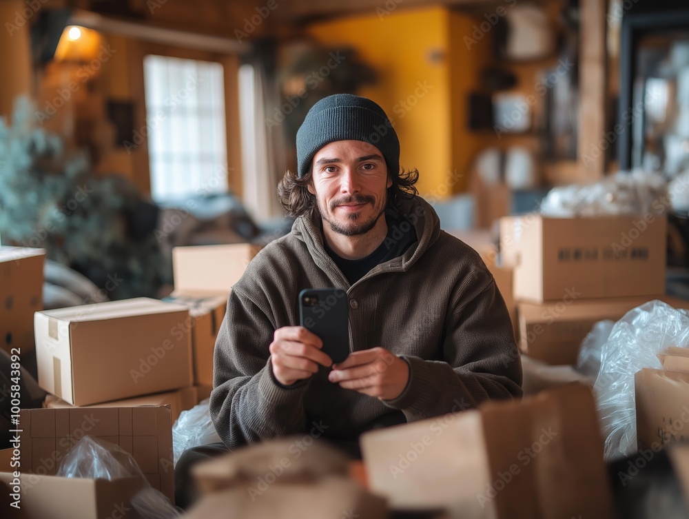 Man taking a photo of his Black Friday haul, surrounded by open boxes and packaging materials Man taking a photo of his Black Friday haul, surrounded by open boxes and packaging materials