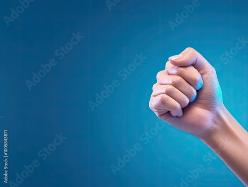 A close-up of a clenched fist against a vibrant blue background, symbolizing strength, determination, and resilience. photo