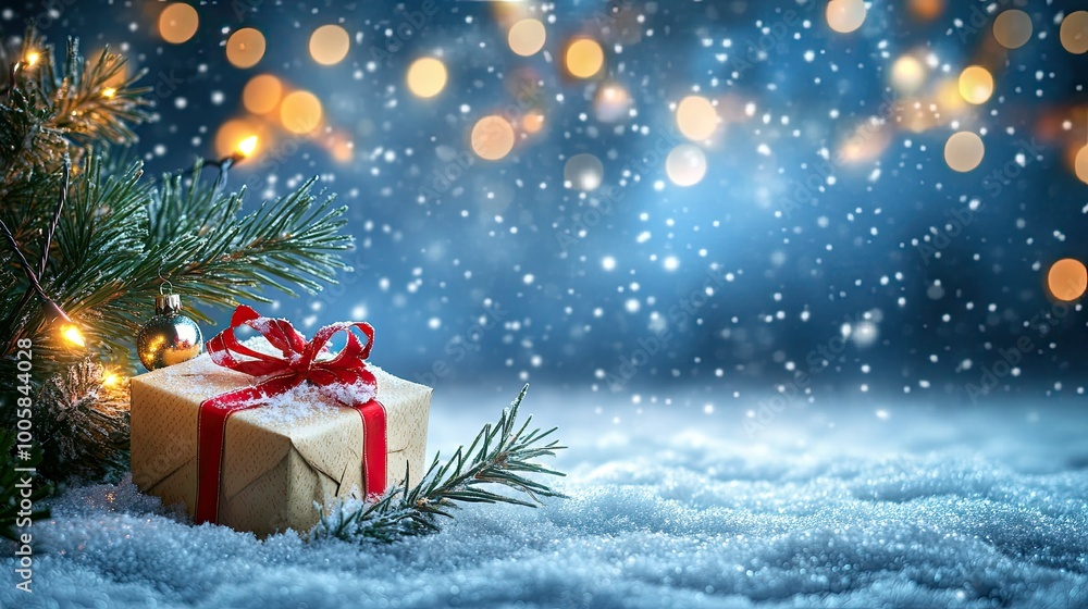 Snow-covered ground with a Christmas gift in focus. Bokeh lights glow softly in the blue, snowy background. Fir branches with ornaments add a festive touch to the winter scene. Snow-covered ground with a Christmas gift in focus. Bokeh lights glow softly in the blue, snowy background. Fir branches with ornaments add a festive touch to the winter scene.