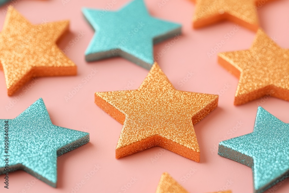 Sparkling gold and teal stars on a pink background with scattered glitter, creating a festive and playful scene. Sparkling gold and teal stars on a pink background with scattered glitter, creating a festive and playful scene.
