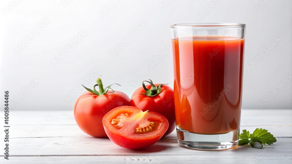glass of fresh tomato juice with sliced tomato isolated on white background with copy space glass of fresh tomato juice with sliced tomato isolated on white background with copy space
