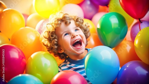 Wallpaper Mural Joyful Child with Curly Hair Laughing Among Colorful Balloons in a Heartwarming Celebration of Innocence and Fun Torontodigital.ca