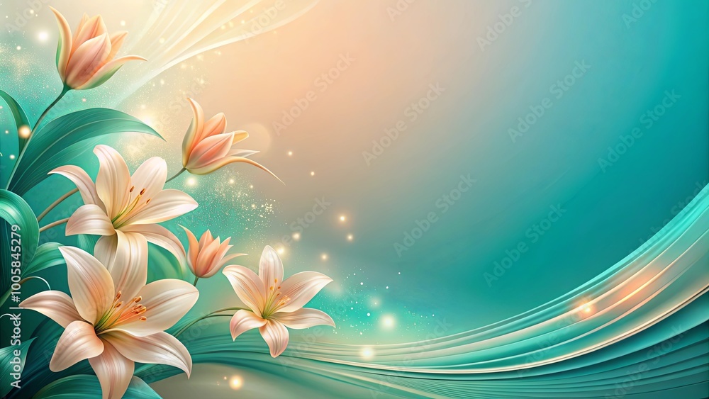 Whimsical Pastel Lilies Bloom on Abstract Waves of Shimmering Aqua Whimsical Pastel Lilies Bloom on Abstract Waves of Shimmering Aqua