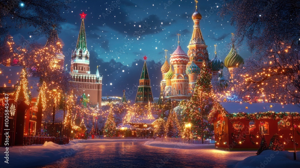 Naklejka premium New Year 2025 celebration with Russian cultural themes, showcasing traditional decorations, festive lights, and iconic Russian landmarks.