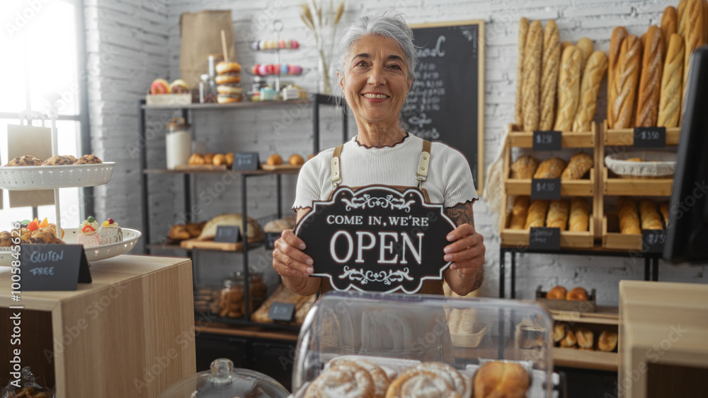 Woman holding an open sign in a bakery with shelves of fresh bread and pastries. Woman holding an open sign in a bakery with shelves of fresh bread and pastries.