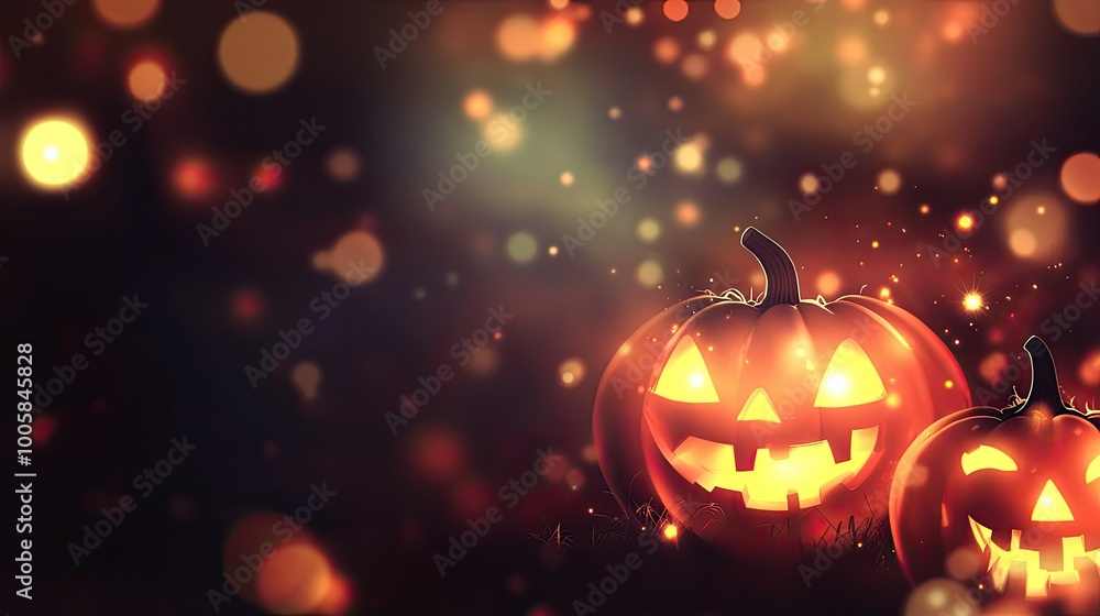 Spooky Halloween night illustration with a blurry background, glowing jack-o'-lanterns, and bokeh. Perfect for Halloween event banners and festive design projects. Spooky Halloween night illustration with a blurry background, glowing jack-o'-lanterns, and bokeh. Perfect for Halloween event banners and festive design projects.