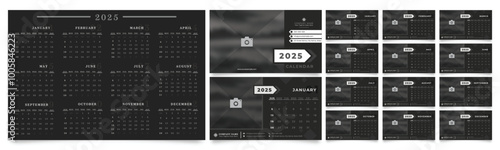 2025 calendar planner templates with monthly pages, a customizable cover for a photo and company logo, and a vector layout for wall or desk use. Weeks start on Monday, ready for print.