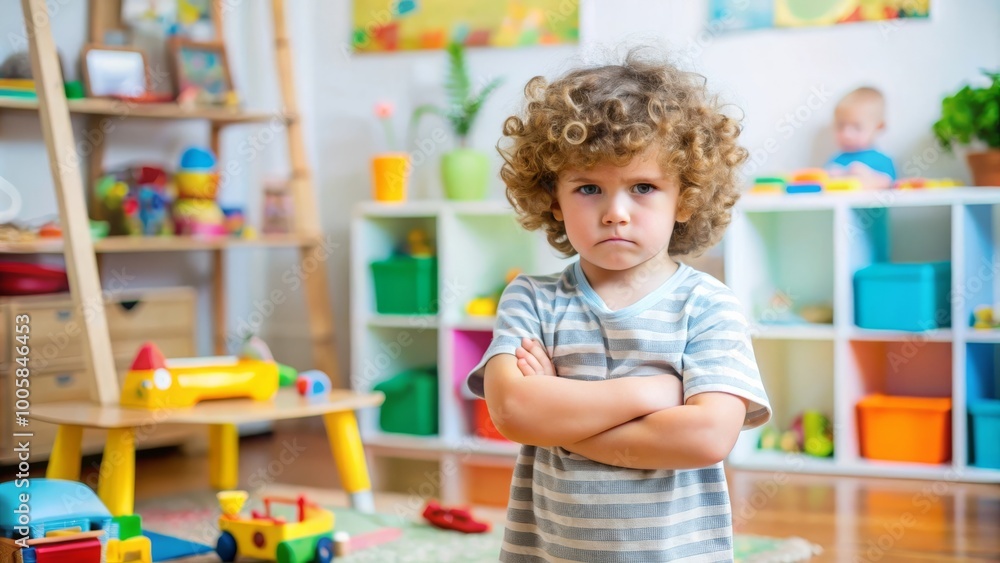 Young Boy Standing Defiantly with Arms Crossed in Vibrant Playroom, Expressing Frustration Amidst Toys and Bright Furniture Young Boy Standing Defiantly with Arms Crossed in Vibrant Playroom, Expressing Frustration Amidst Toys and Bright Furniture