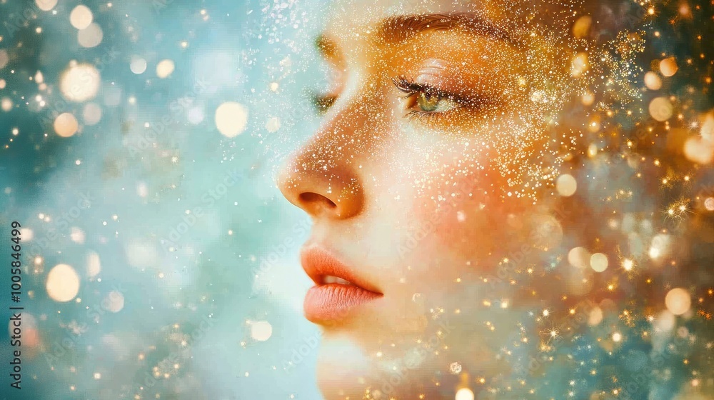 A close-up portrait capturing beauty and wonder, with a dreamy bokeh effect and sparkling lights enhancing the serene expression. A close-up portrait capturing beauty and wonder, with a dreamy bokeh effect and sparkling lights enhancing the serene expression.