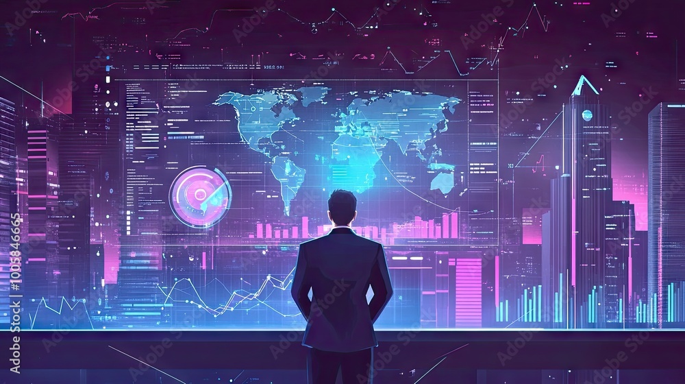 Setting 2025 goals, a businessman focuses on global competitiveness and financial data, planning long-term investments. Setting 2025 goals, a businessman focuses on global competitiveness and financial data, planning long-term investments.