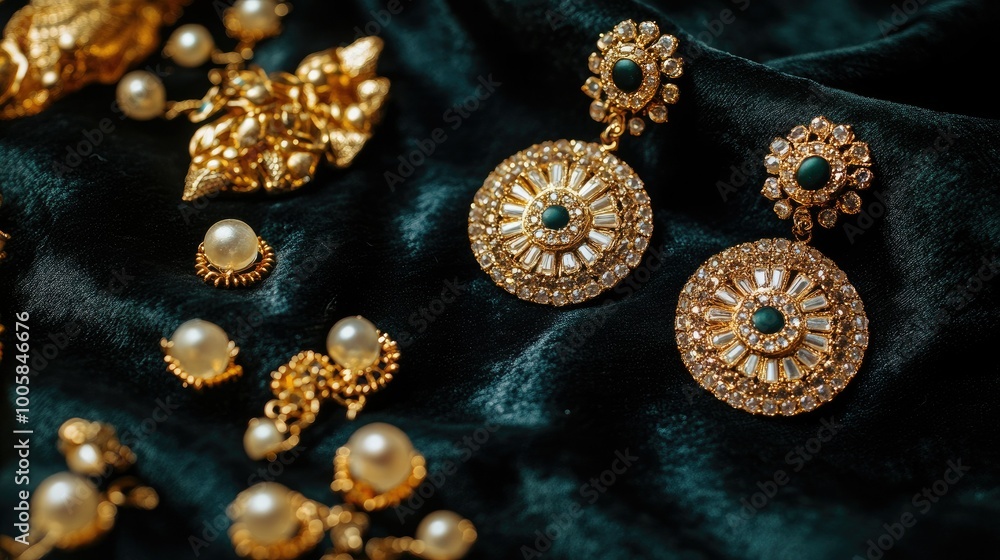 Statement gold earrings placed on a dark velvet cloth, with scattered gemstones and gold accessories to enhance the rich, luxurious vibe. Statement gold earrings placed on a dark velvet cloth, with scattered gemstones and gold accessories to enhance the rich, luxurious vibe.
