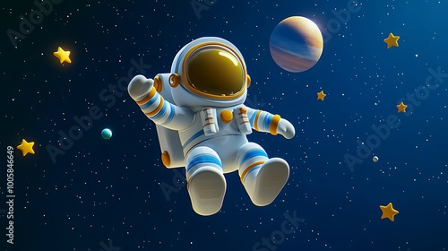 Cartoon Astronaut Floating in Space with Stars and Planets