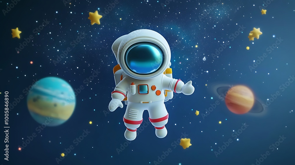 Naklejka premium Cute Astronaut Floating in Space with Planets and Stars