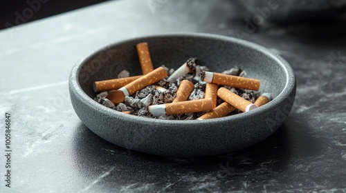 Smoked cigarette butts collected in an ashtray, symbolizing unhealthy habits and the aftermath of smoking.