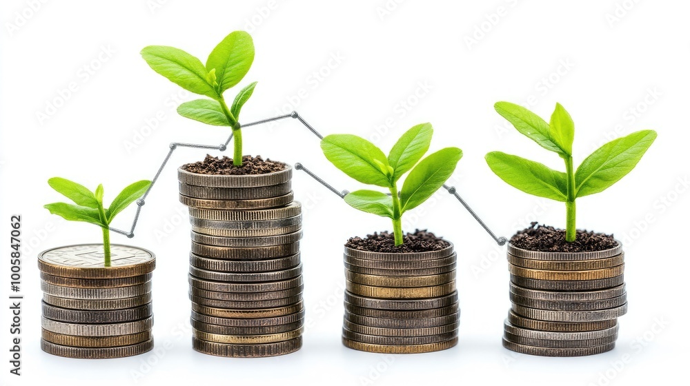 Strategic investment planning represented by coins and a growing business chart, symbolizing long-term profit growth. Strategic investment planning represented by coins and a growing business chart, symbolizing long-term profit growth.