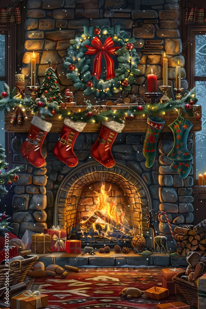 Fototapeta premium Holiday fireplace scene with room for personalized text.