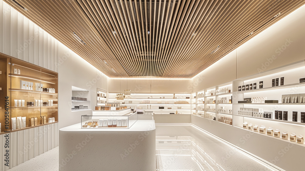 A minimalist gift boutique in a busy airport, white plaster walls with a white oak slatted ceiling. A minimalist gift boutique in a busy airport, white plaster walls with a white oak slatted ceiling.