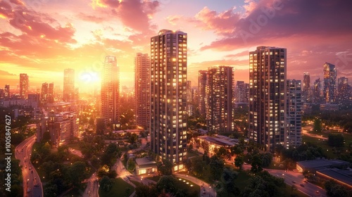 The year 2025, a city full of life and energy, tall buildings illuminated by the warm glow of the setting sun.