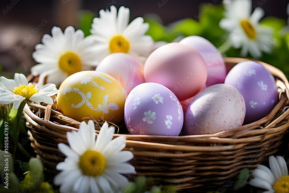 pastel-colored Easter eggs in a wicker basket, surrounded by delicate spring flower pastel-colored Easter eggs in a wicker basket, surrounded by delicate spring flower