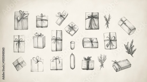 Elegant Gift Boxes and Presents Black and White Illustration