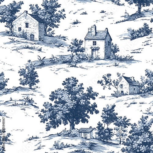 Blue and White Minimalist Toile Pattern